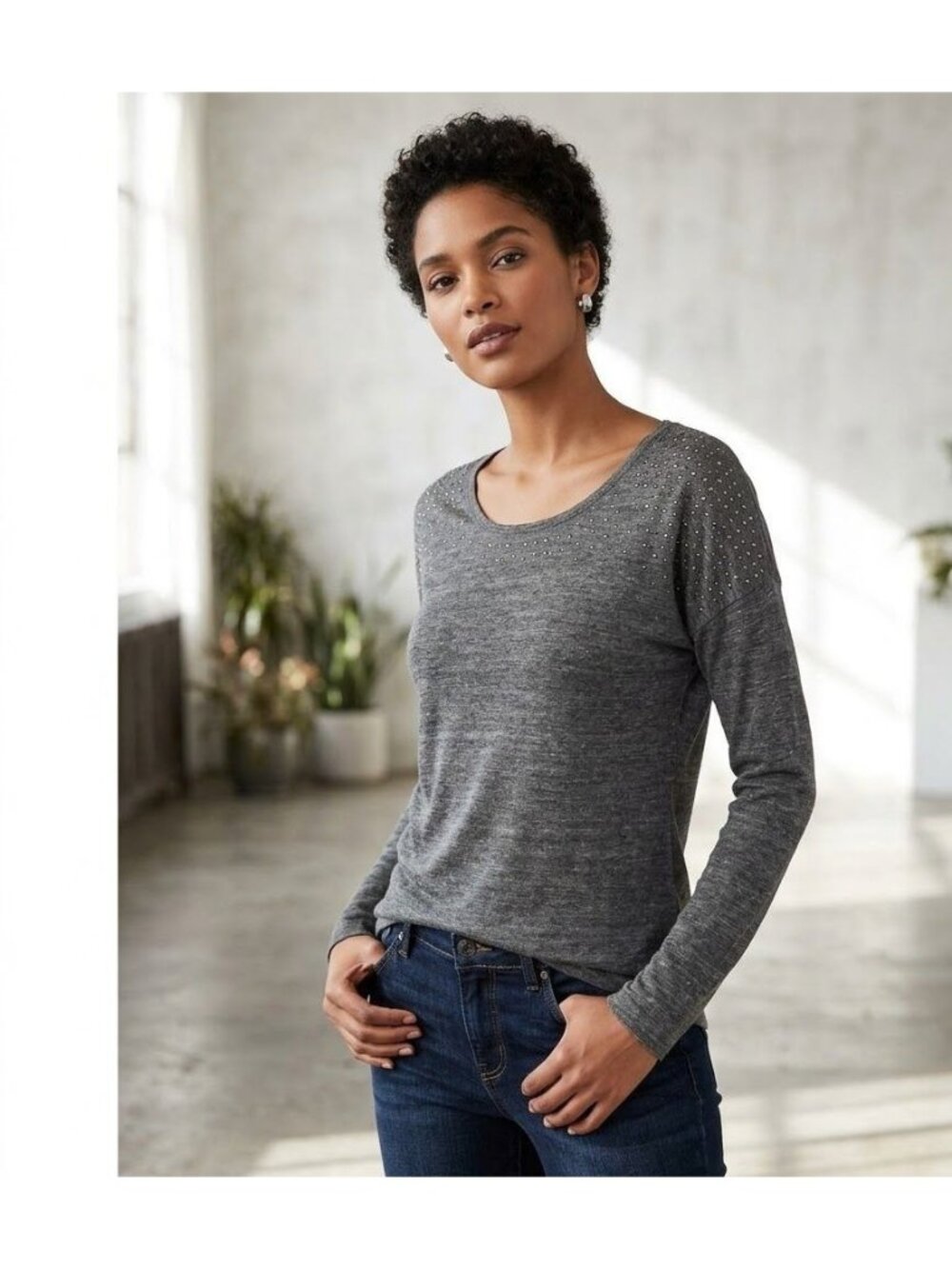 Aerie Gray Long-Sleeve Top With Scoop Neckline & Subtle Embellished Details